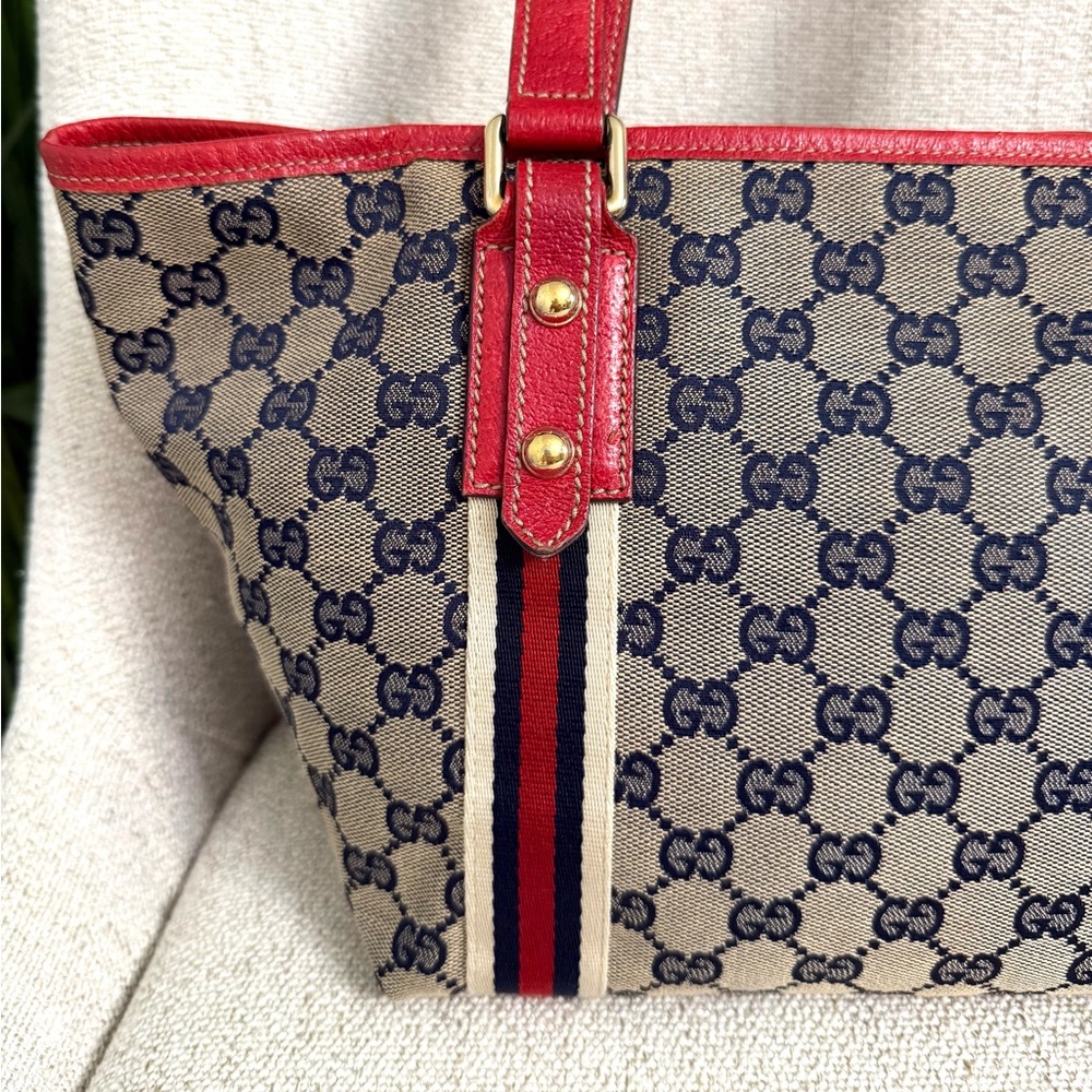 Authentic Gucci Sherry Line tote bag grey canvas red leather - Picture 7 of 16